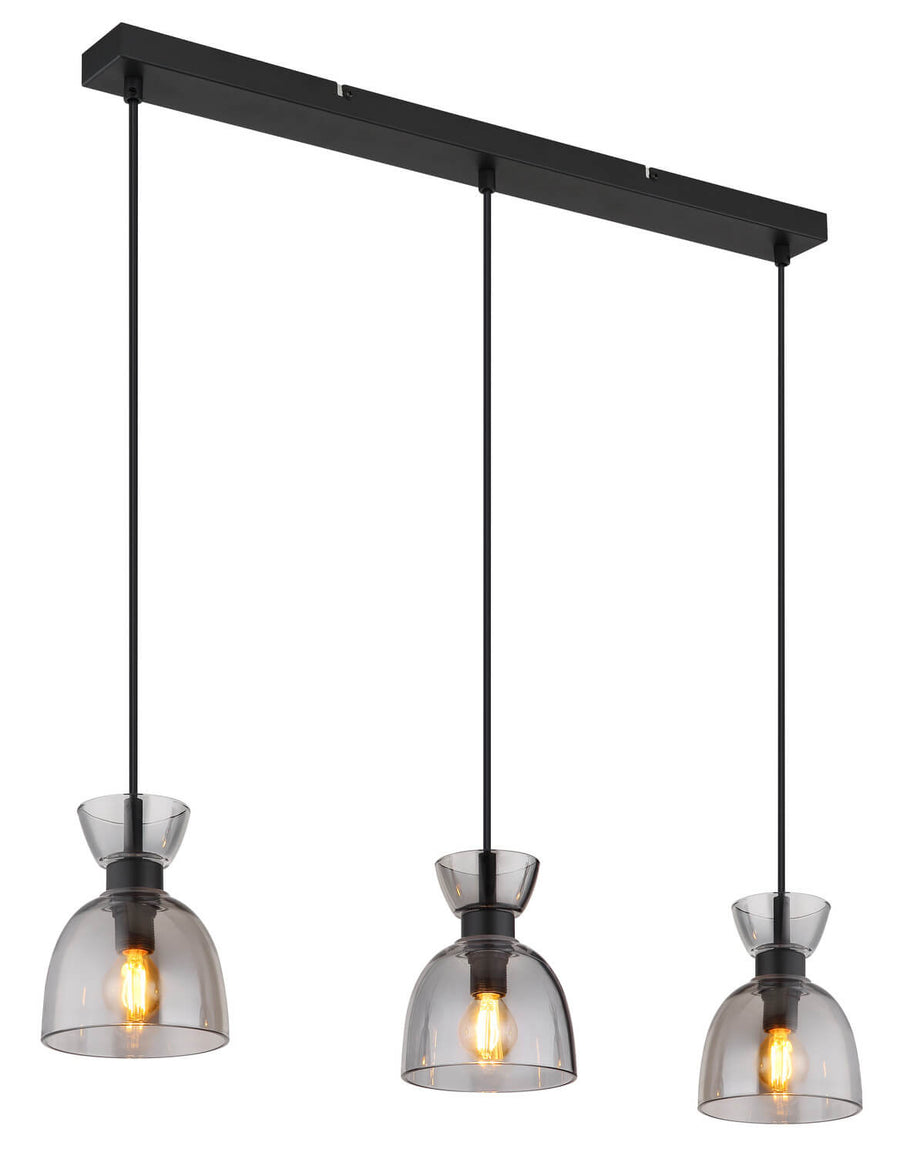 Vue produit du luminaire trois suspensions alignées sur fond blanc neutre