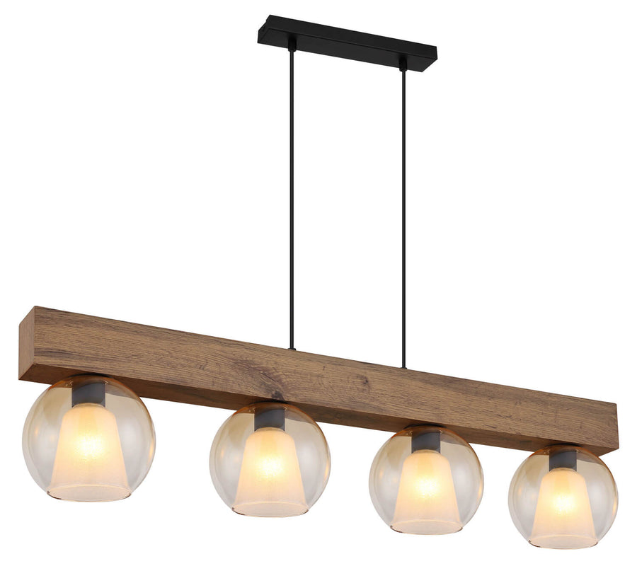Suspension quatre globes en verre ambré sous une poutre en bois, vue de face