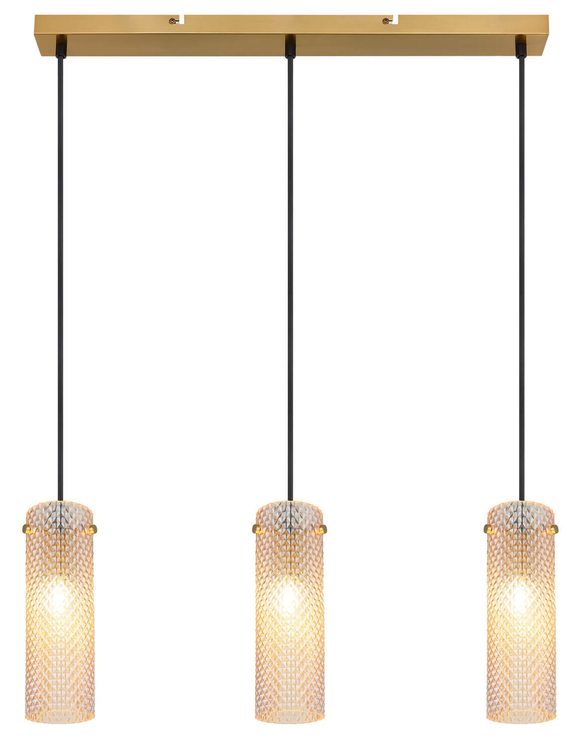 Détail des trois abat-jours cylindriques en verre à motif diamant, éclairés.