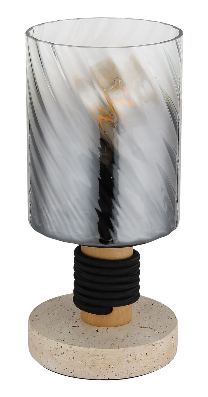 Détail du verre fumé et de la base en pierre, lampe éteinte sur fond blanc.