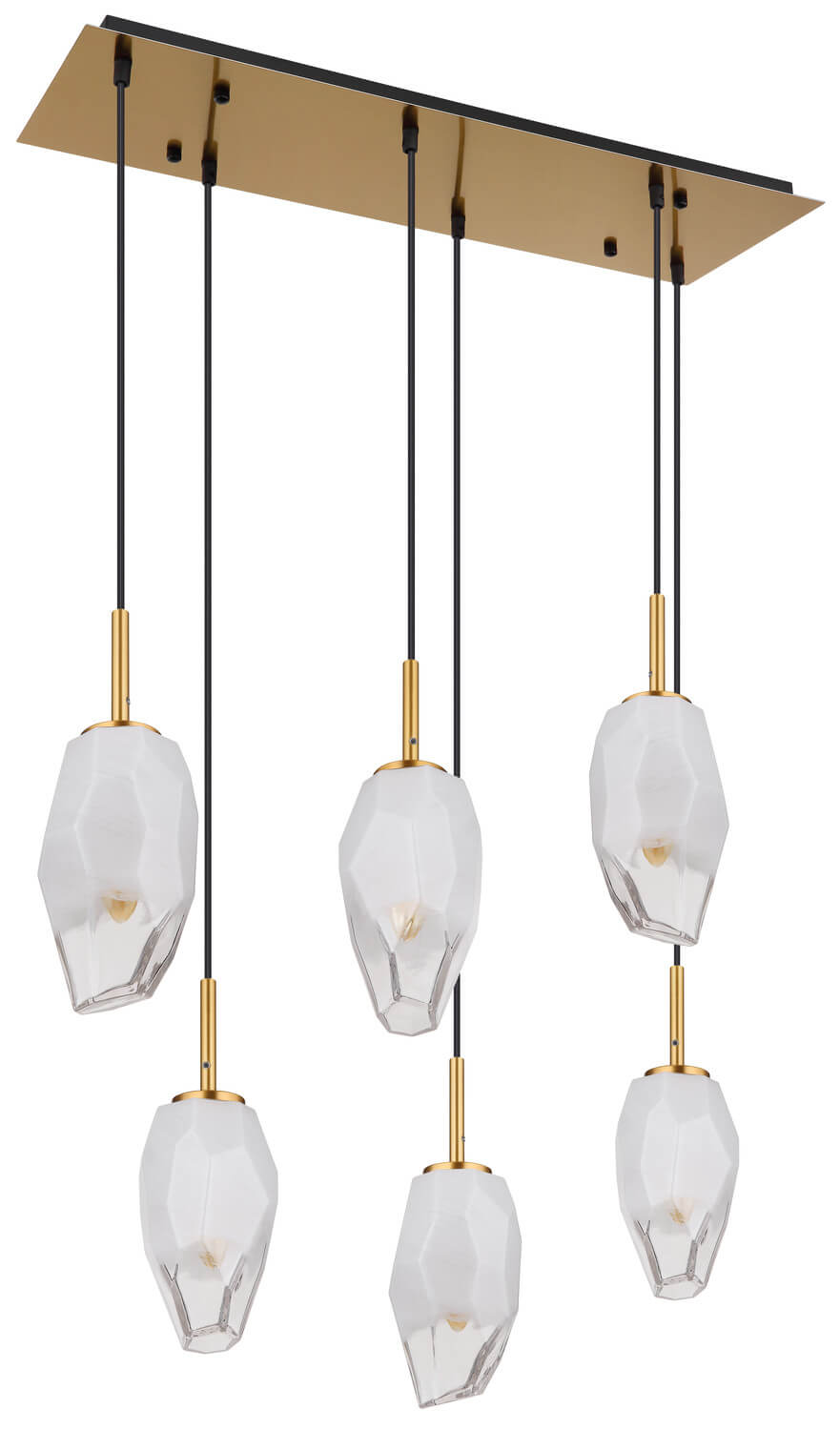 Présentation du luminaire suspendu, finition laiton et verre transparent à facettes