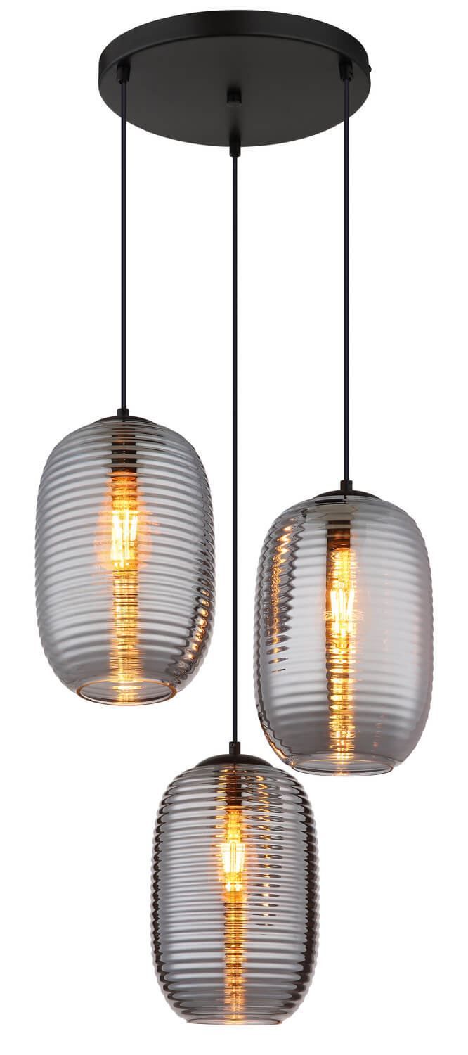 Vue verticale du luminaire montrant la platine ronde et les longs câbles noirs