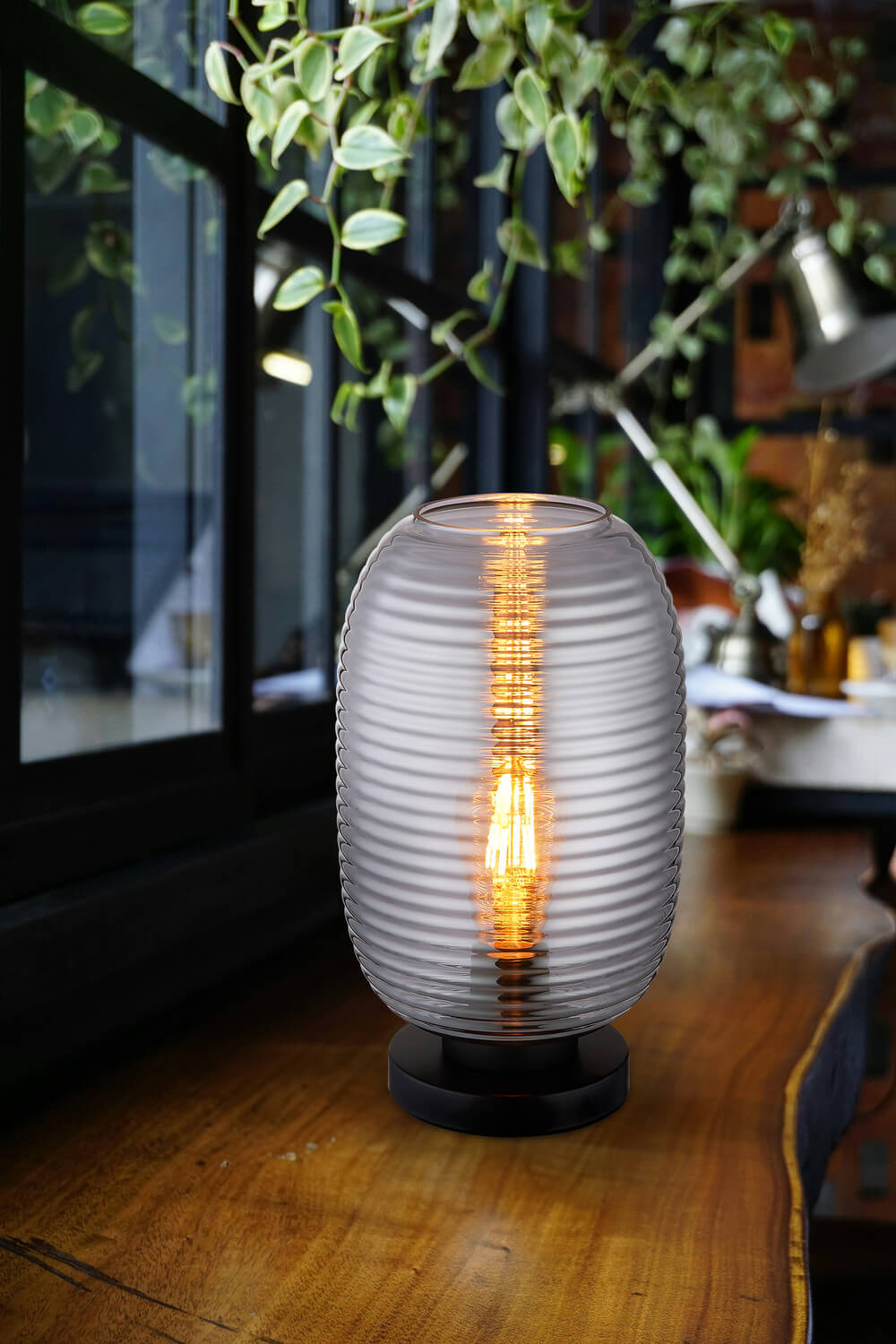 Mise en ambiance sur une table en bois, lampe allumée près d'une fenêtre et de plantes.
