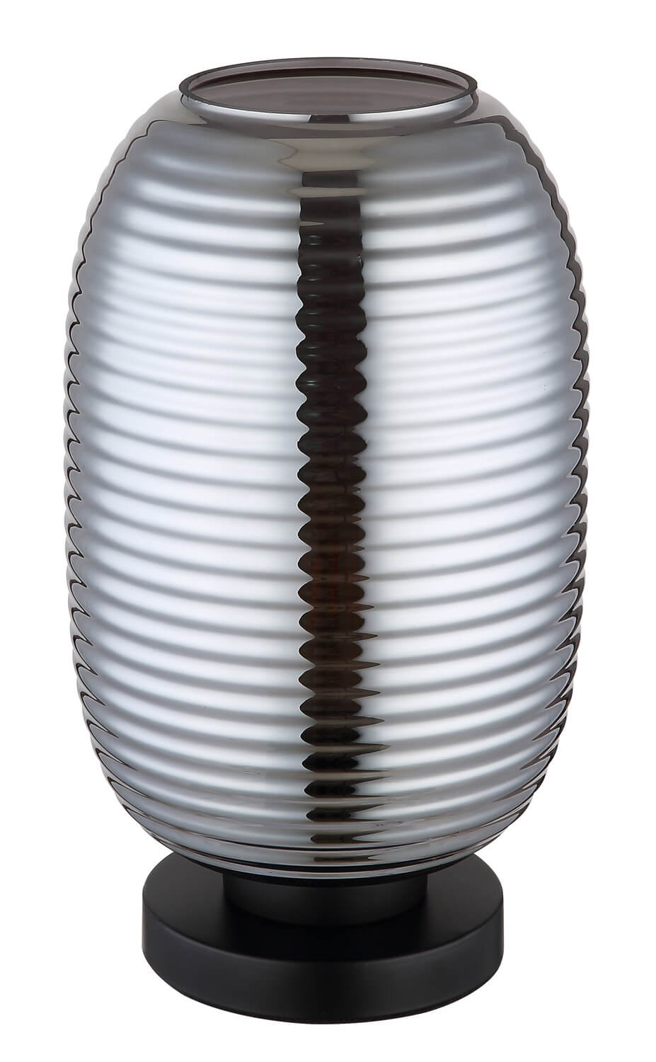 Lampe éteinte, vue de face sur fond blanc, montrant le verre côtelé et la base noire.