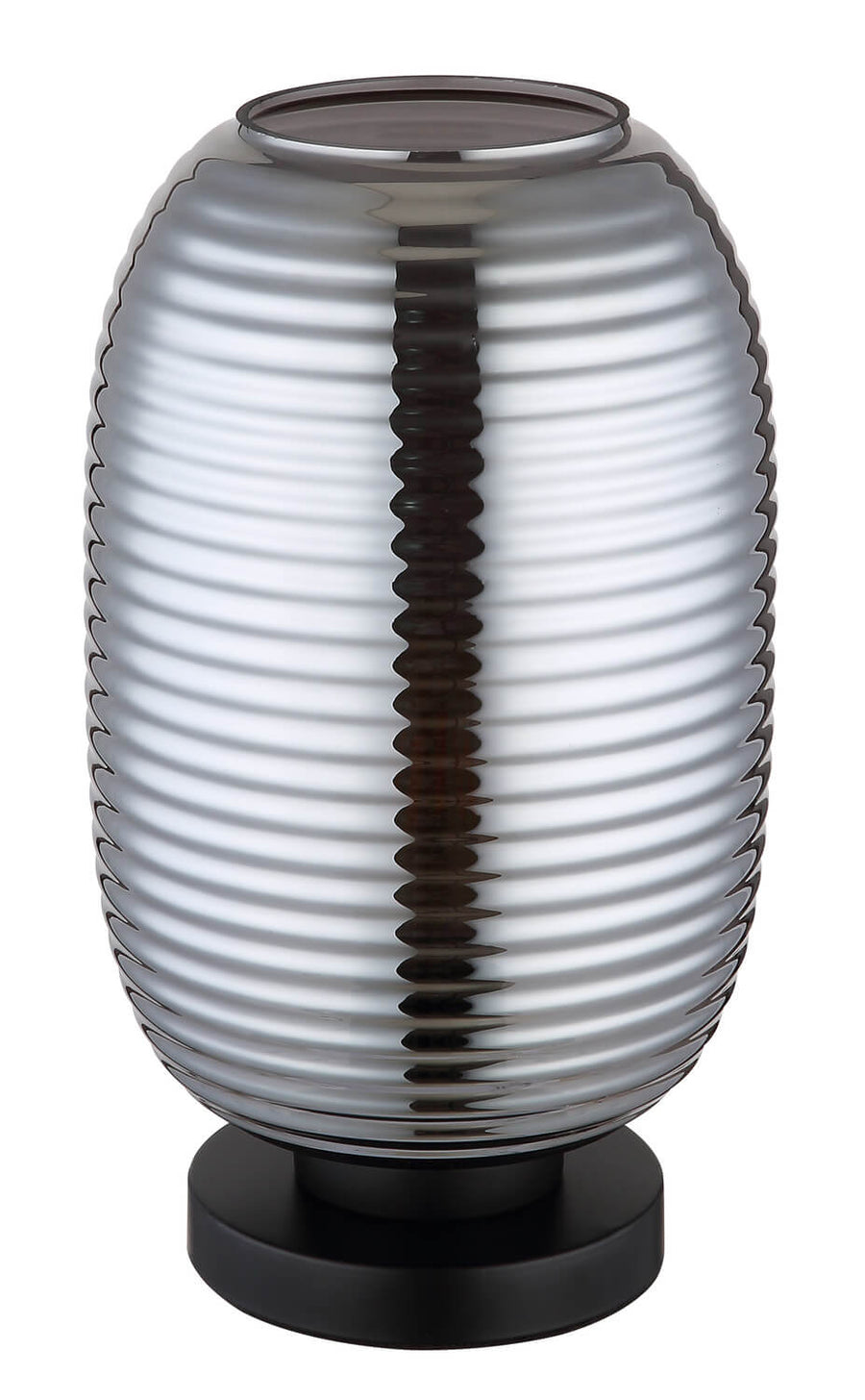 Lampe éteinte, vue de face sur fond blanc, montrant le verre côtelé et la base noire.
