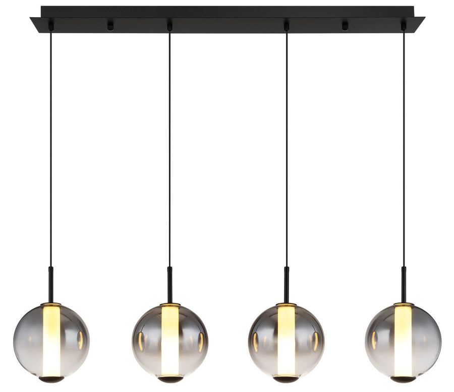 Produit allumé présenté de face, alignement des globes et détails de la finition noire mate.