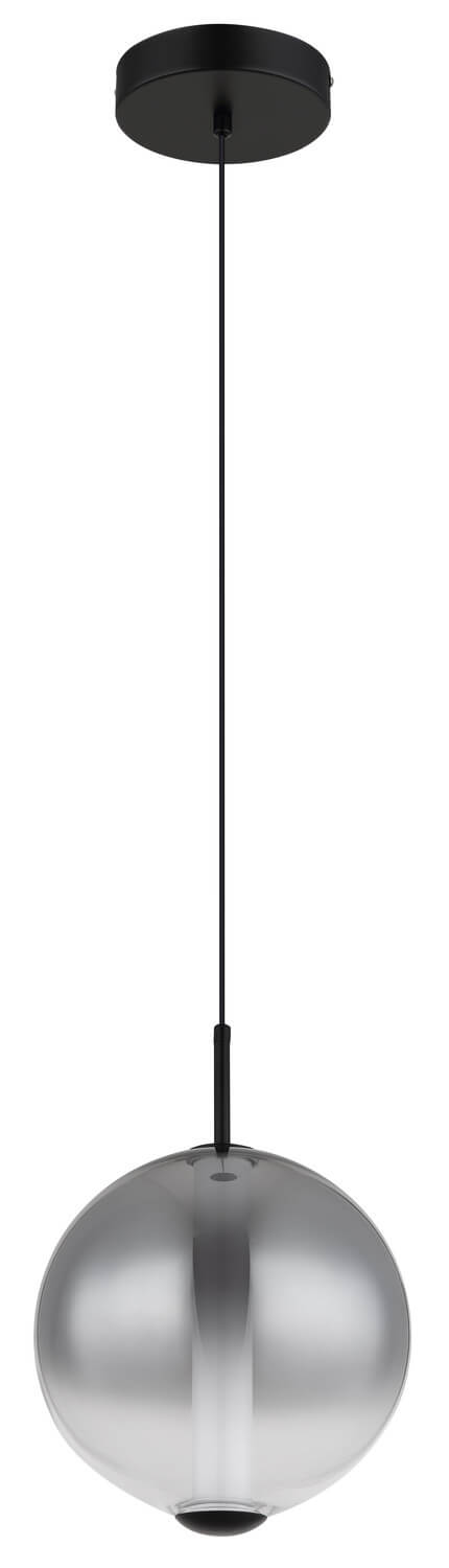 Vue rapprochée du bas de la suspension, verre et capuchon inférieur noir.