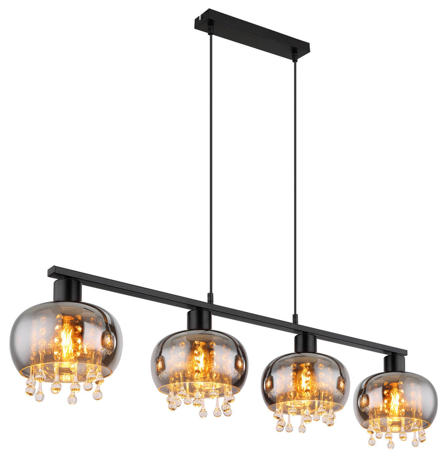 Suspension linéaire noire à quatre abat-jours en verre fumé et pampilles cristal.