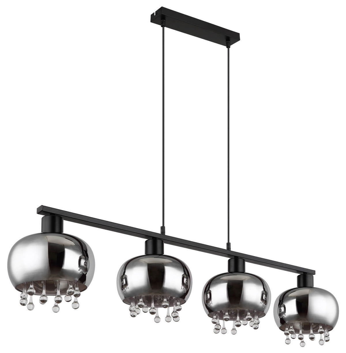 Vue de trois quarts du luminaire suspendu, verre fumé et finitions noires.