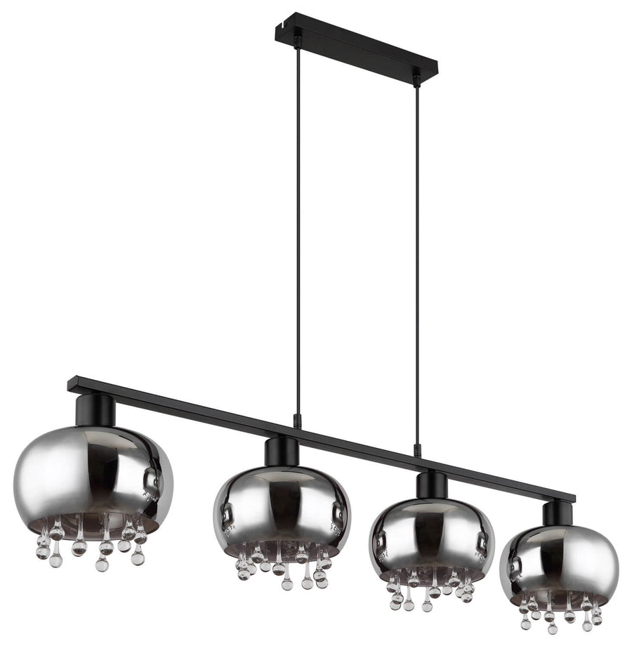 Vue de trois quarts du luminaire suspendu, verre fumé et finitions noires.