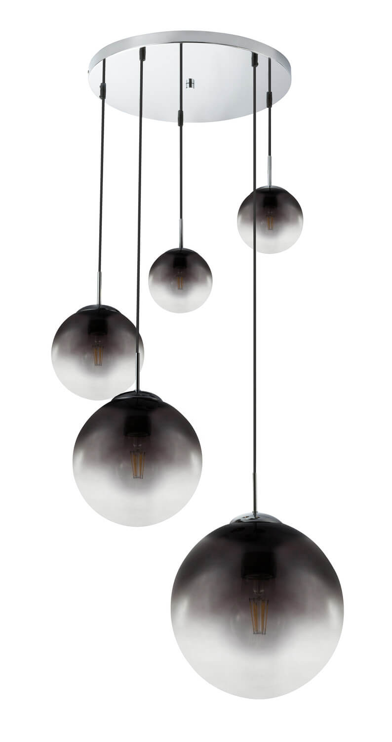 Vue d'ensemble de la suspension et de ses six globes dégradés sur fond blanc