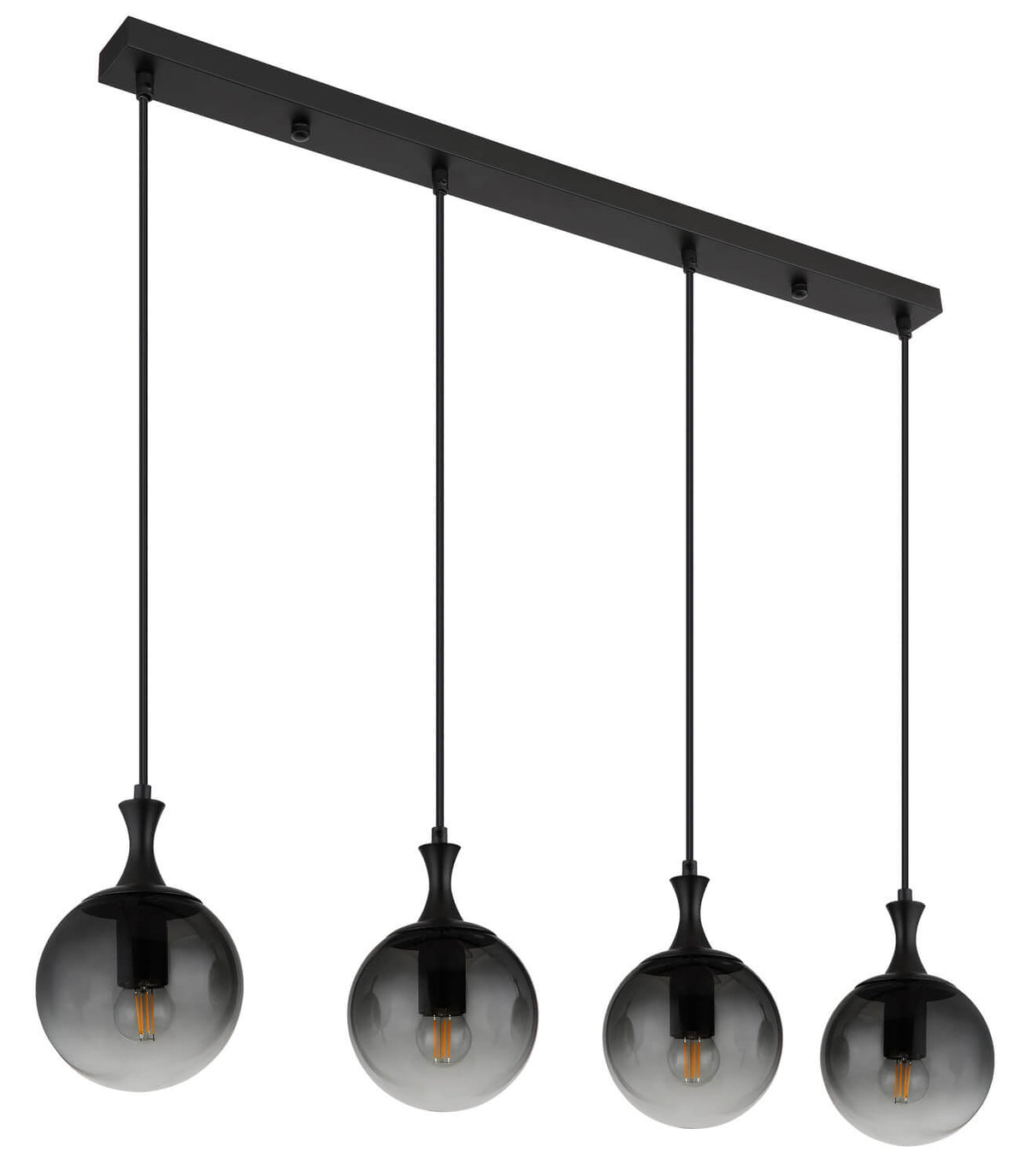 Vue de détail des quatre globes suspendus et de leurs ampoules filaments allumées