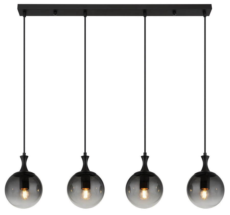 Produit de face, barre rectangulaire noire et quatre suspensions alignées sur fond blanc