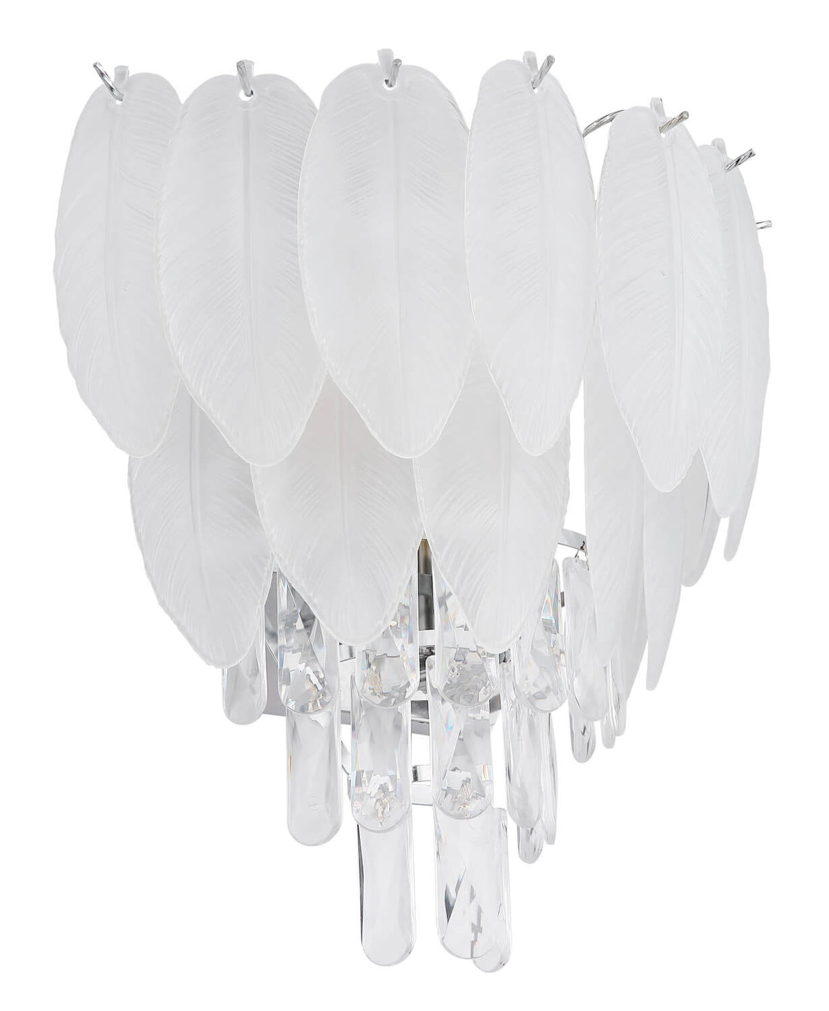 Vue de face de l'applique éteinte, pétales opalins et gouttes de cristal transparentes