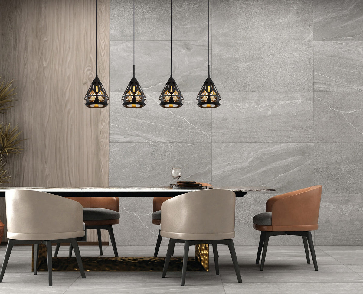 Mise en ambiance du luminaire suspendu au-dessus d'une table à manger en marbre