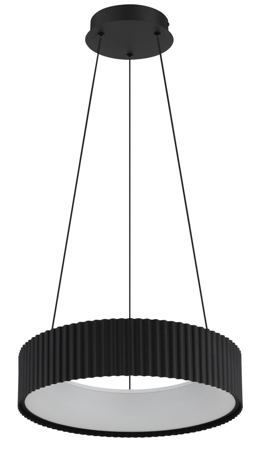 Vue du bas du luminaire noir mat avec diffuseur blanc et bord cannelé