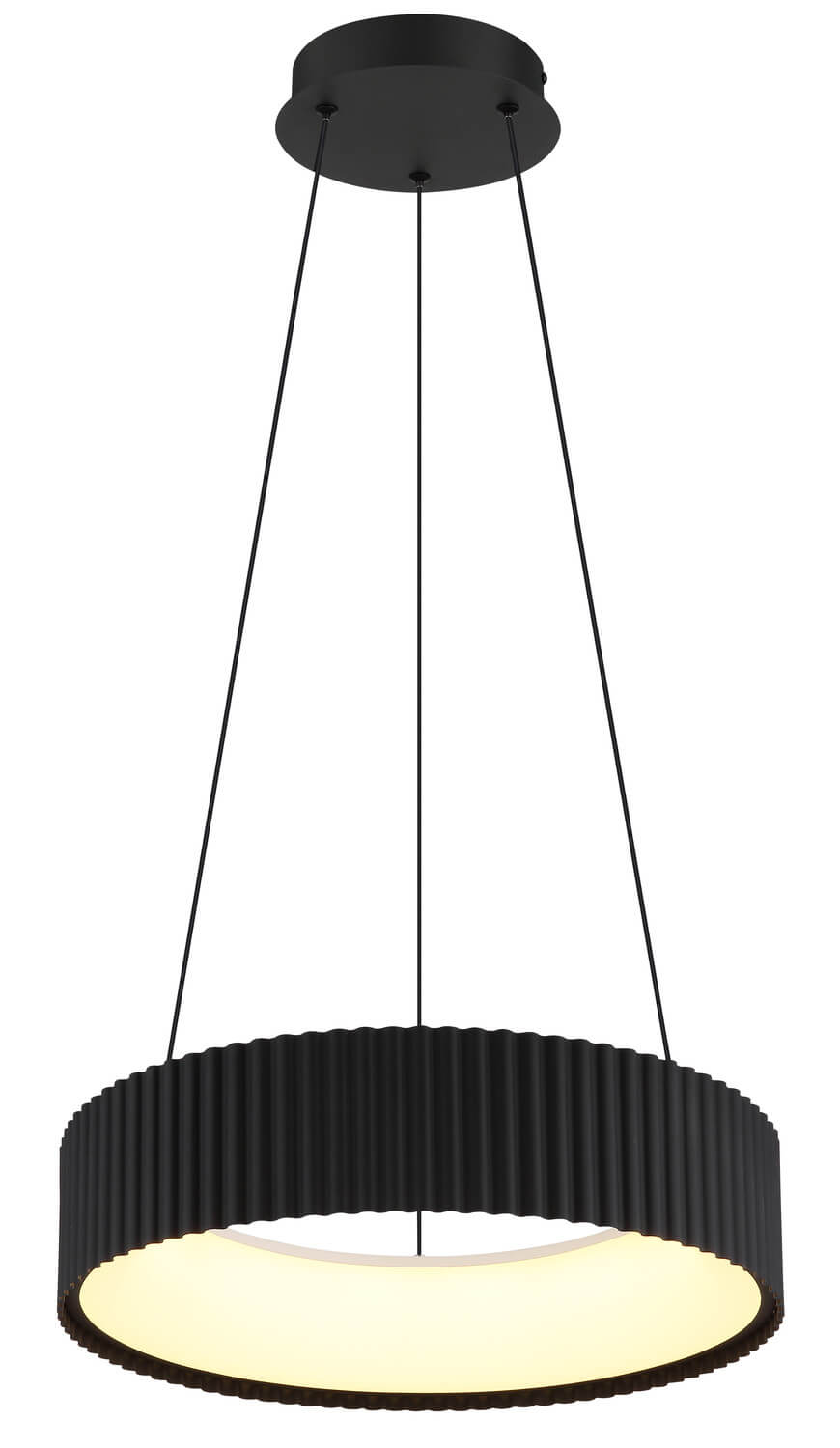 Vue du luminaire suspendu noir avec diffuseur allumé en lumière chaude