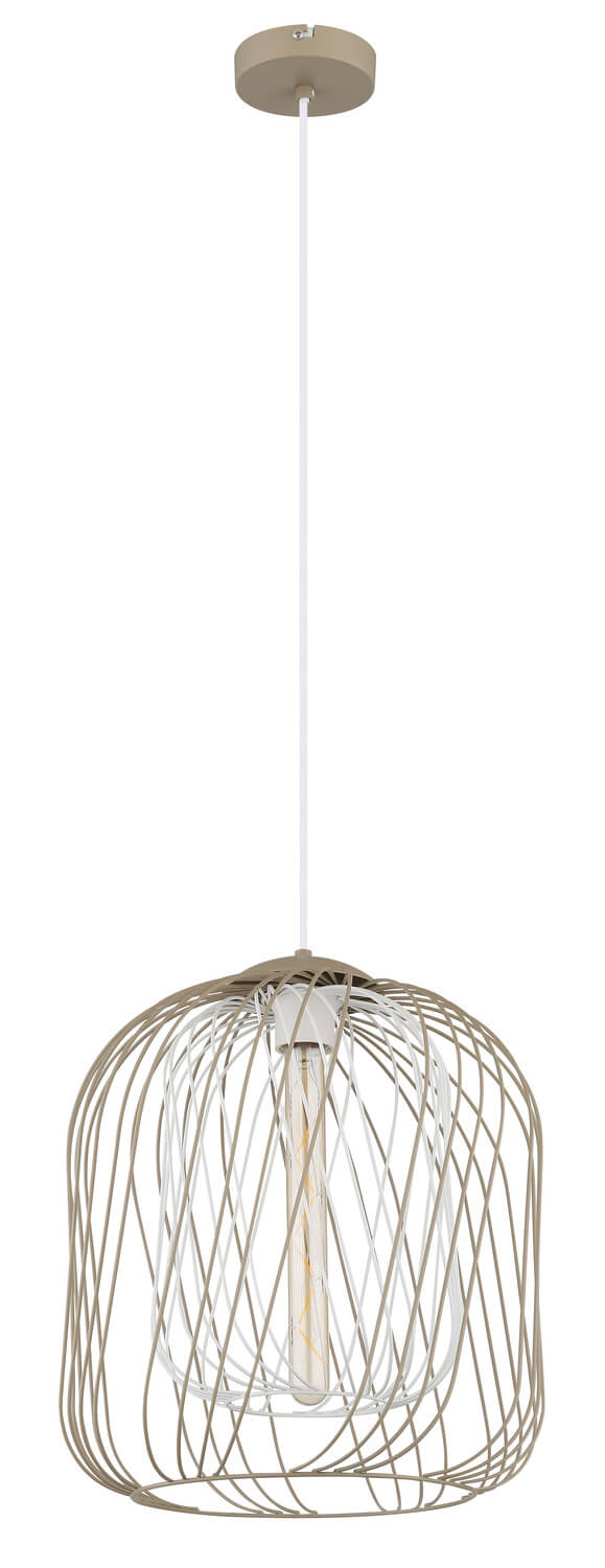 Vue de profil de la suspension, câble blanc et rosace de plafond beige