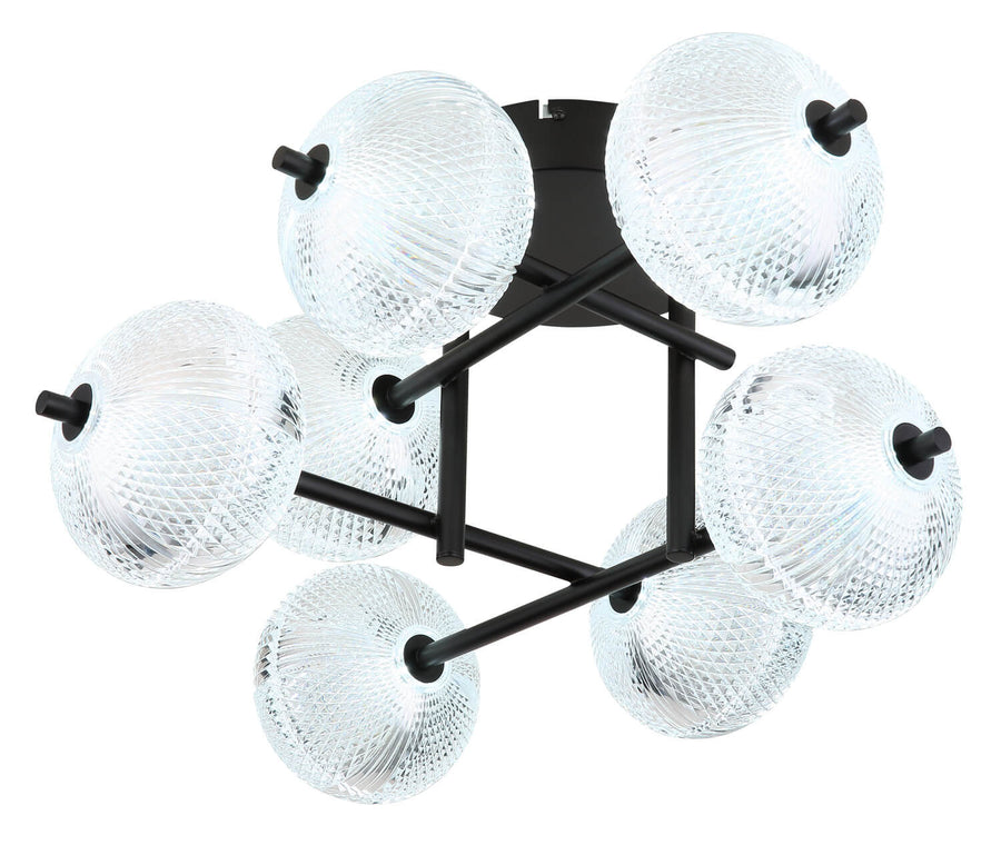 Vue détaillée du luminaire, détaillant les bras noirs et les sphères en verre texturé.