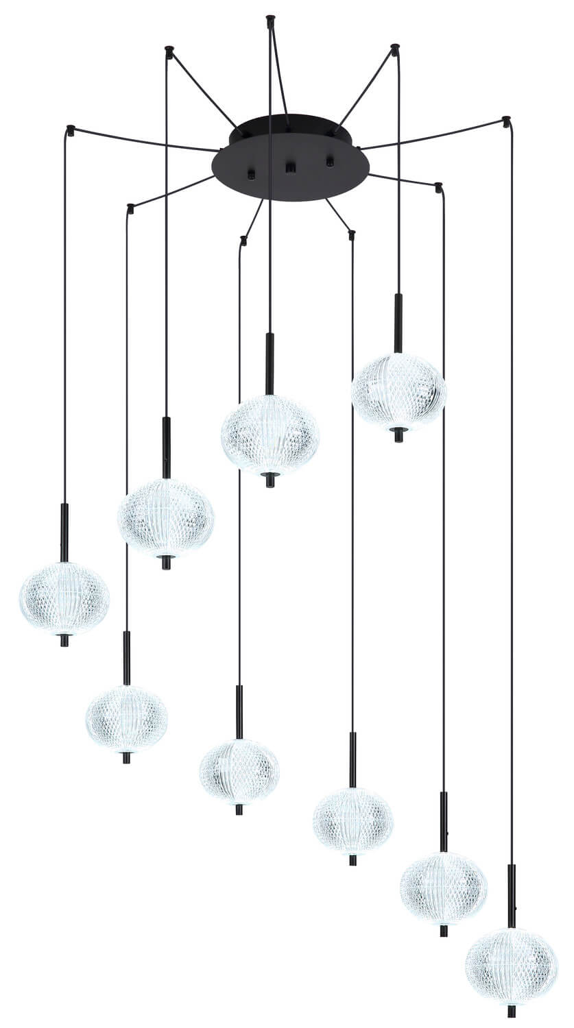 Vue d'ensemble des neuf globes transparents suspendus à câbles noirs
