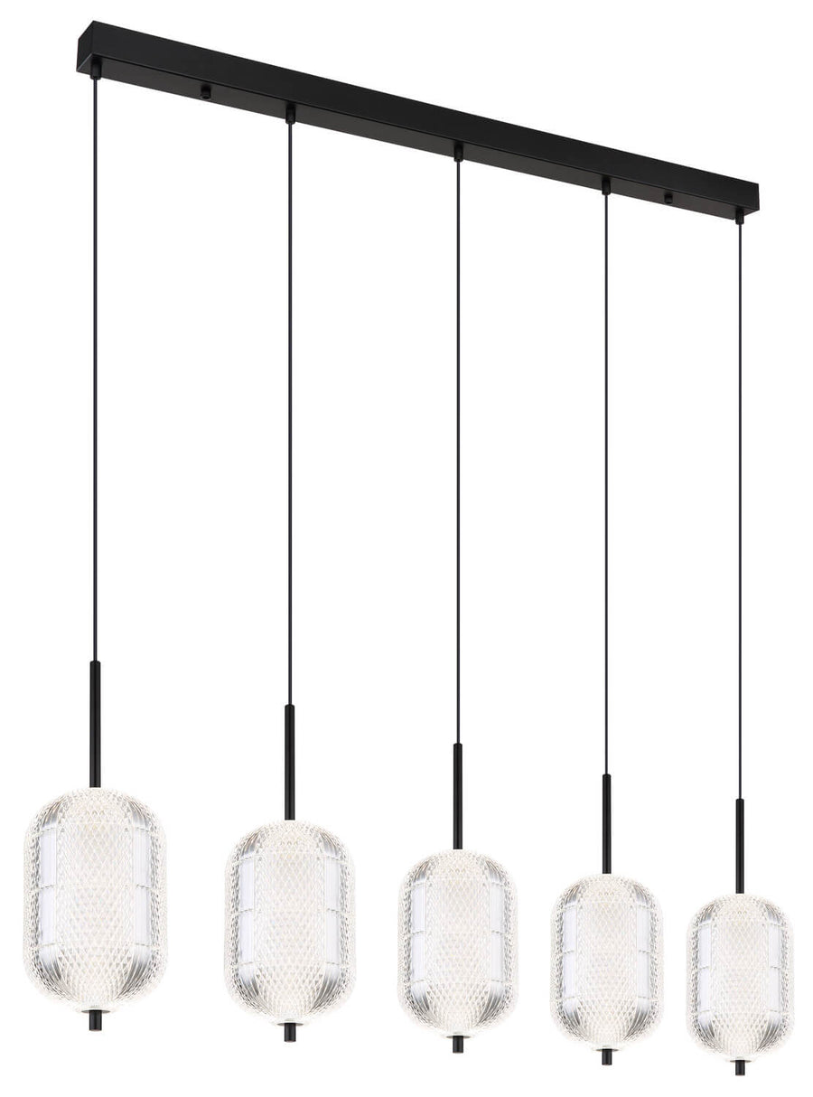 Vue de face du luminaire et de ses cinq diffuseurs en verre