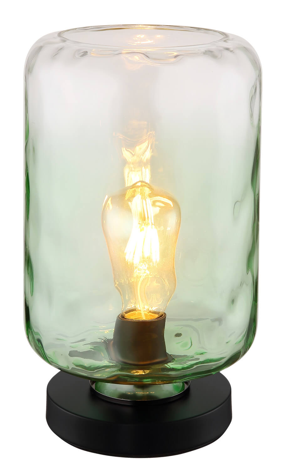 Gros plan sur l’ampoule à filament allumée dans l’abat-jour en verre vert