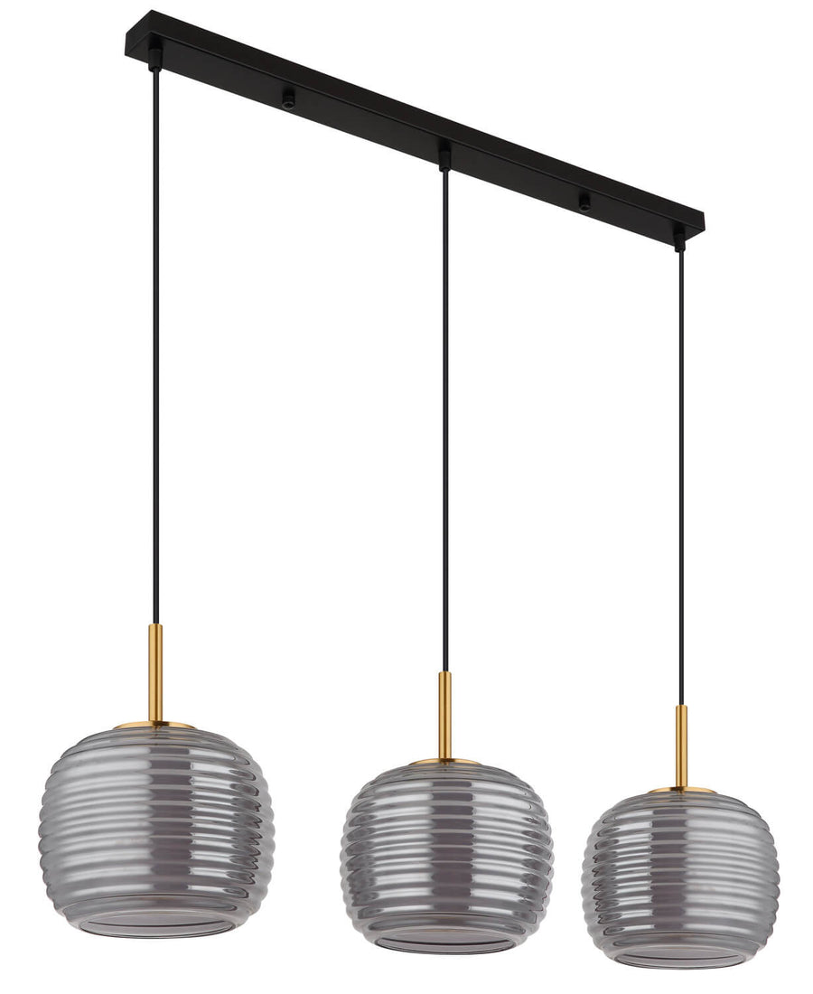 Vue de face, luminaire éteint, verre gris translucide et structure noire mate