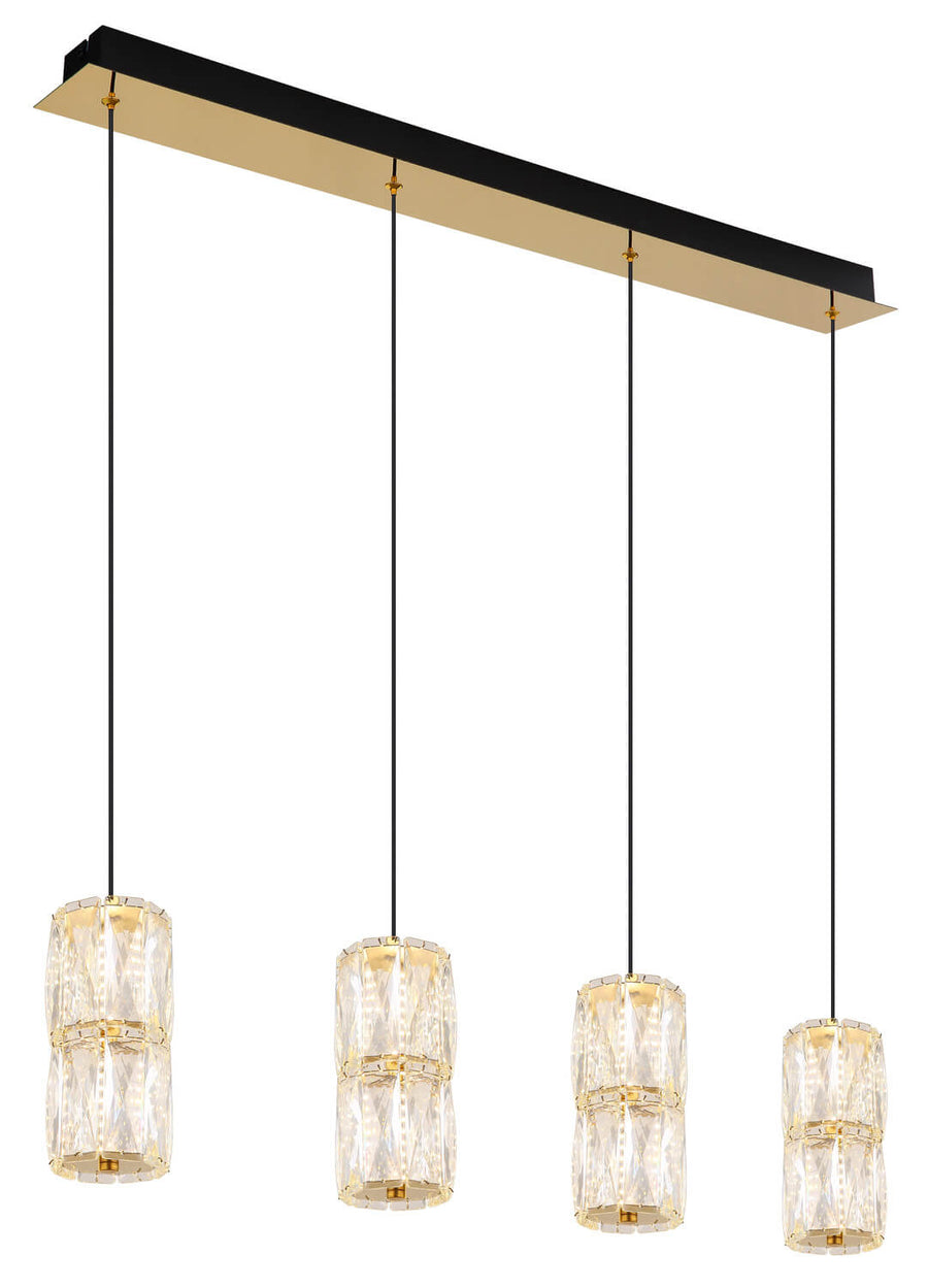 Vue en biais du luminaire doré et de ses quatre suspensions en verre facetté