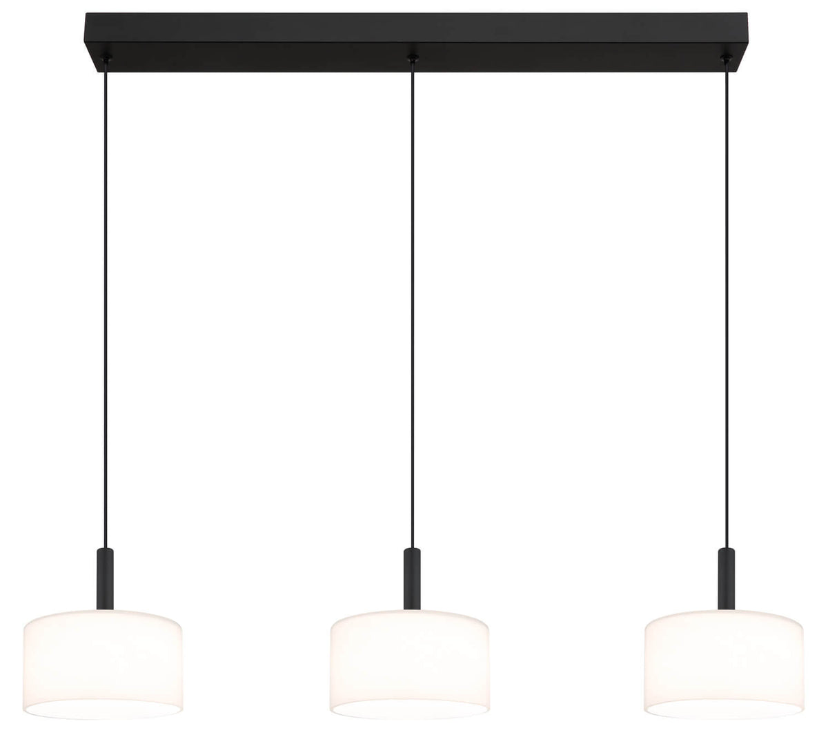 Vue frontale du luminaire éteint, rail rectangulaire noir et trois diffuseurs blancs opalins.