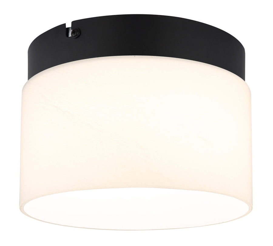 Plafonnier cylindrique de face, cerclage noir mat et diffuseur en verre opalin allumé