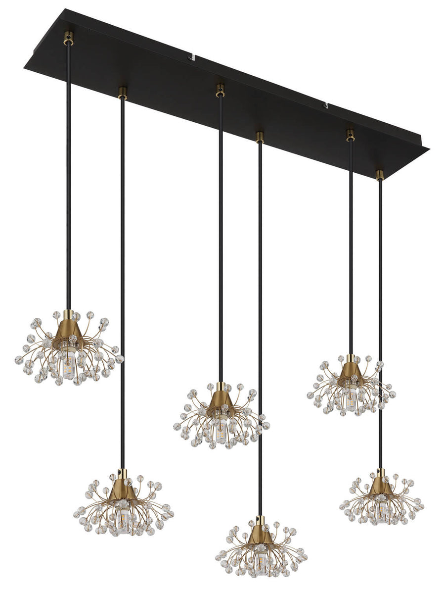 Vue d'ensemble du luminaire suspendu, ampoules éteintes, fond blanc.