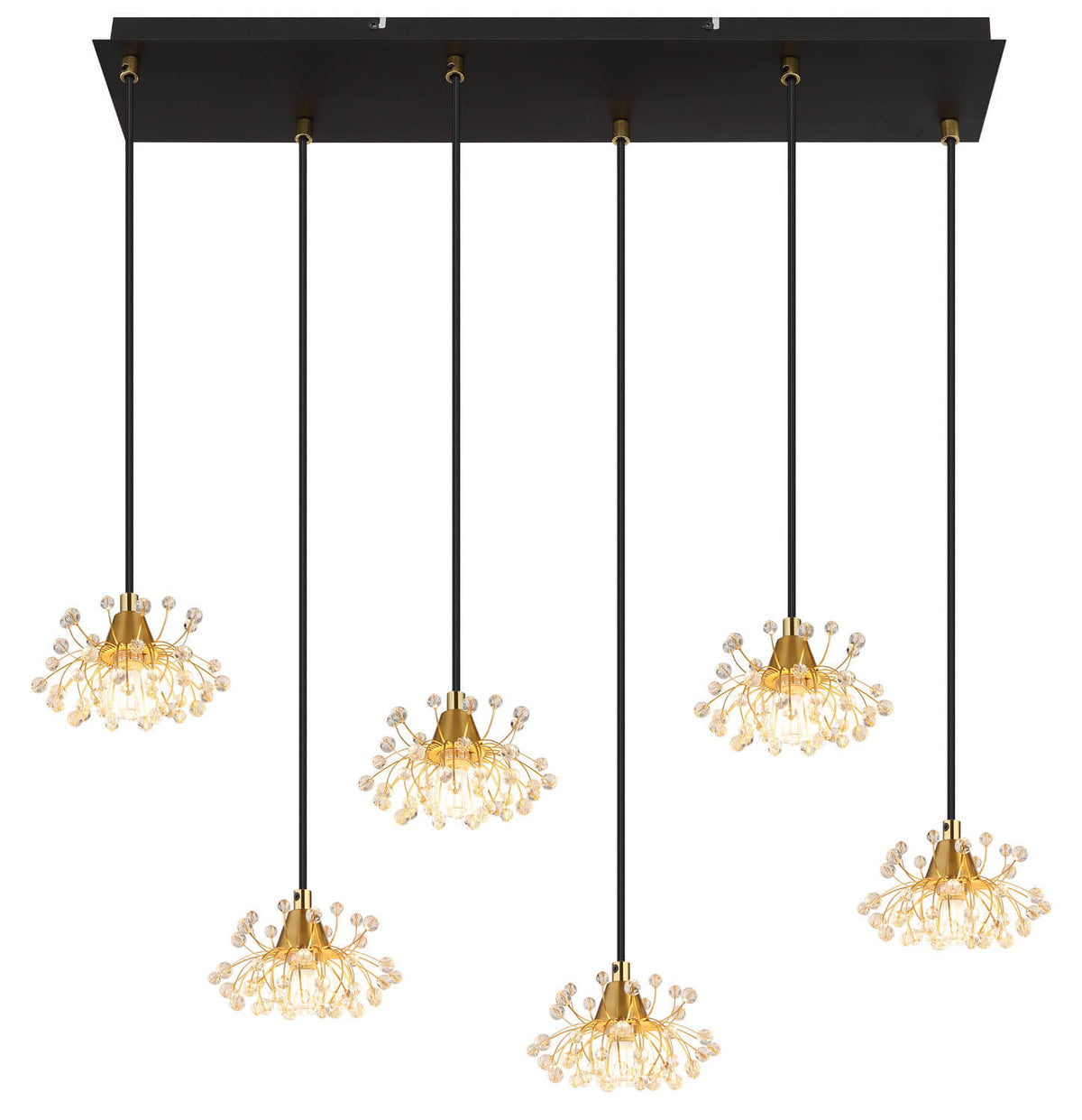 Vue de face du luminaire suspendu, alignement des six suspensions dorées.