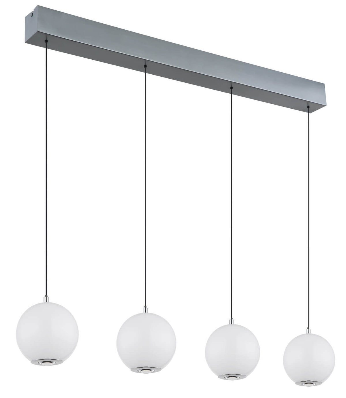 Vue de face du luminaire suspendu avec quatre boules opalines et structure métallique grise.
