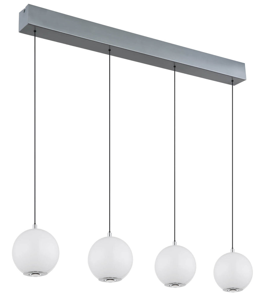 Vue de face du luminaire suspendu avec quatre boules opalines et structure métallique grise.