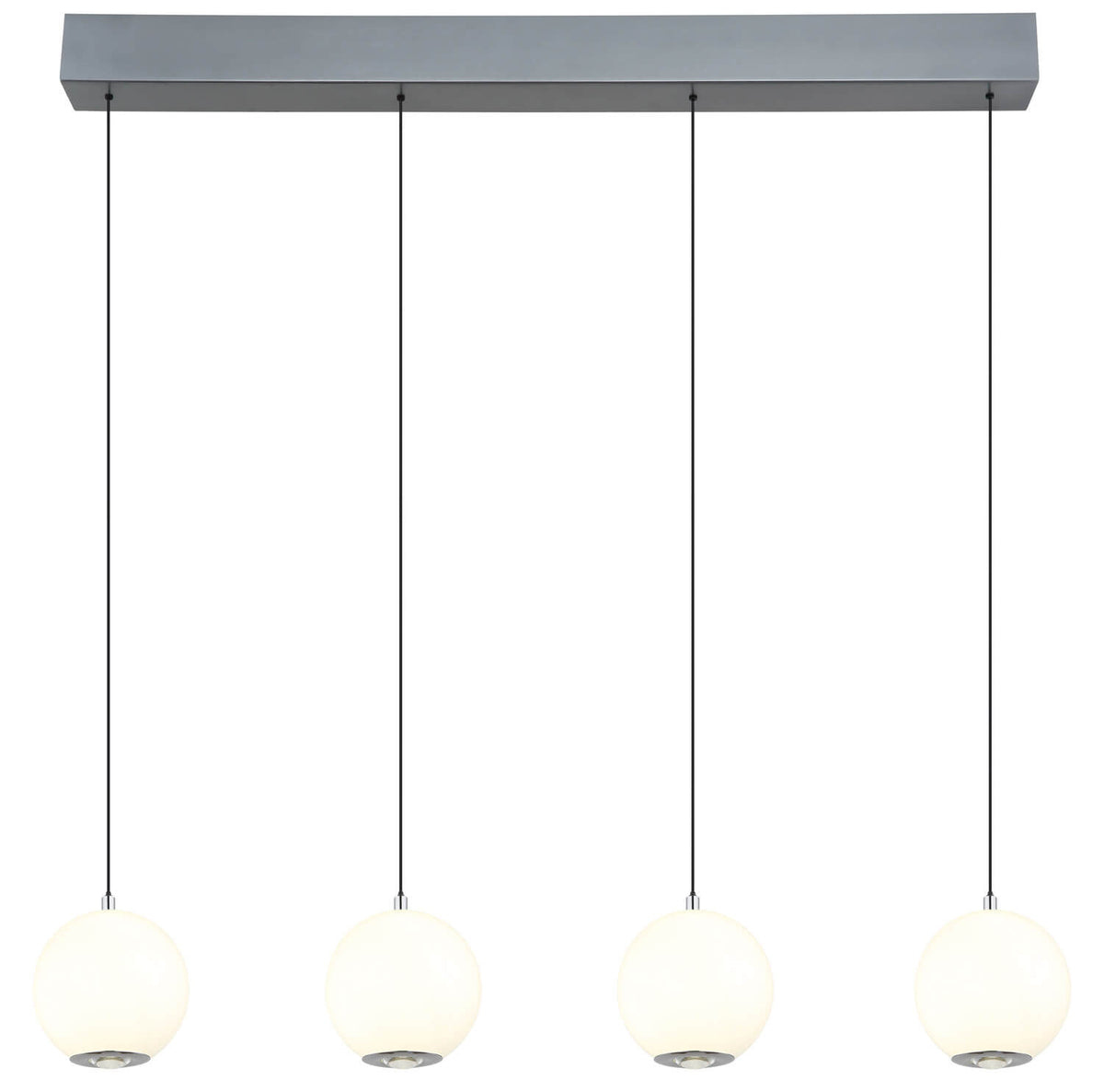 Plan serré sur les quatre globes blancs suspendus par câbles noirs sous barre grise.