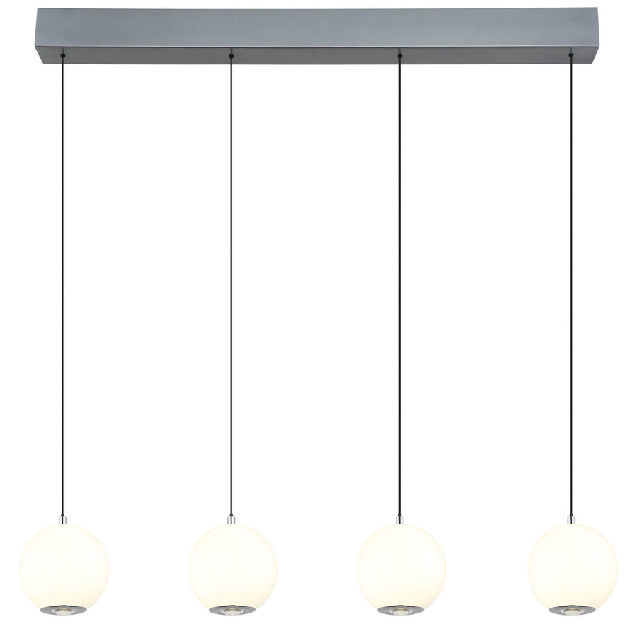 Plan serré sur les quatre globes blancs suspendus par câbles noirs sous barre grise.
