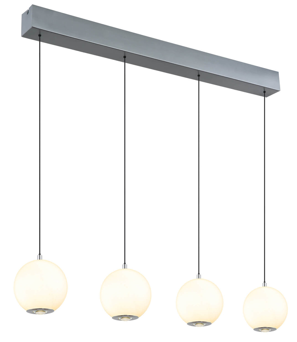 Détail du luminaire vu de trois quarts, quatre suspensions boules blanches et support rectangulaire.