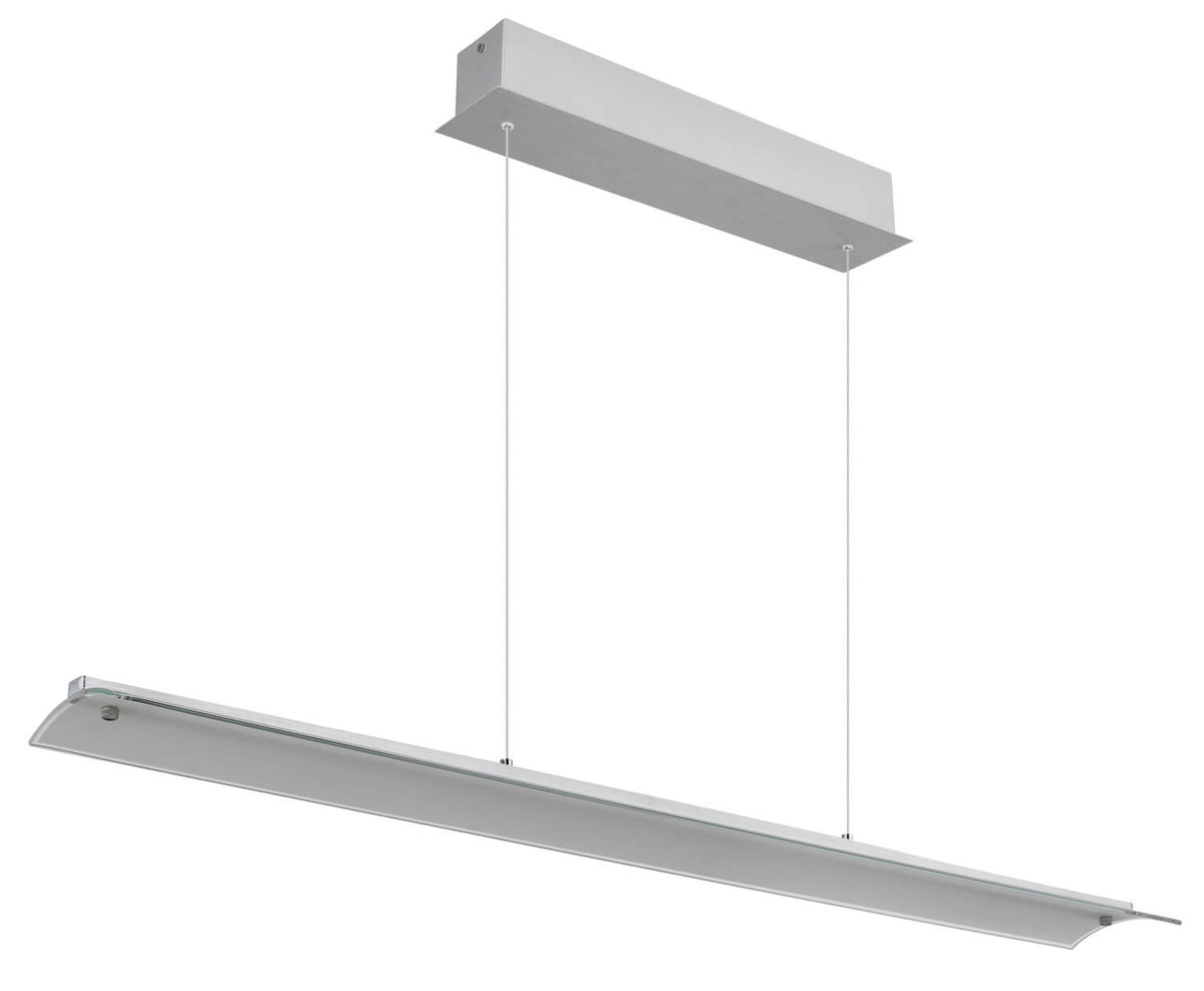 Vue de trois quarts du luminaire éteint, profil en aluminium et câbles fins