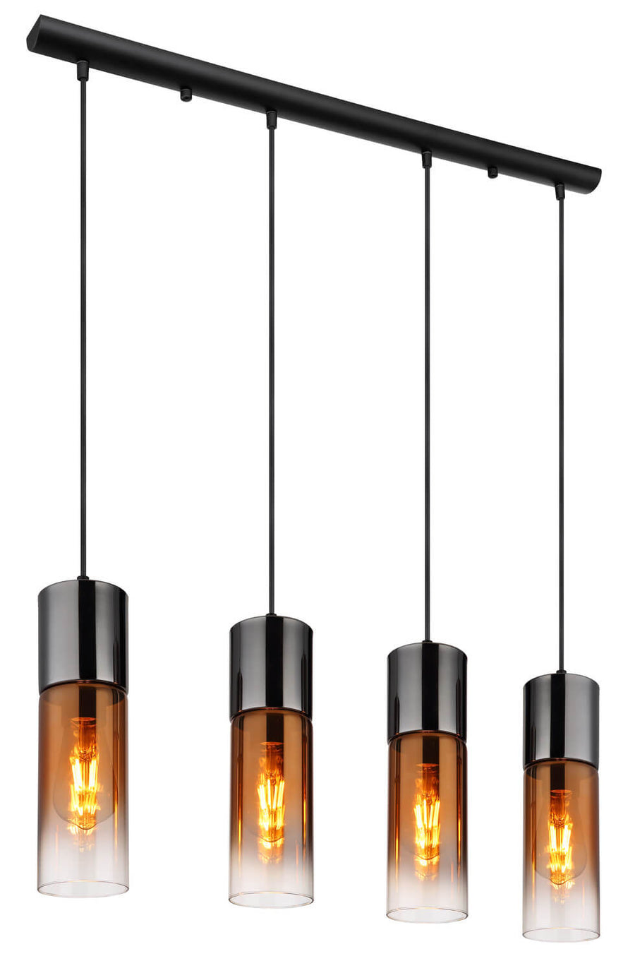 Vue de trois quarts plongeante du luminaire, cordons noirs et barre de fixation