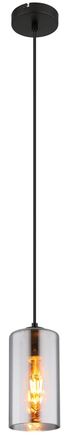 Vue en pied du luminaire suspendu avec câble fin et abat-jour cylindrique transparent.