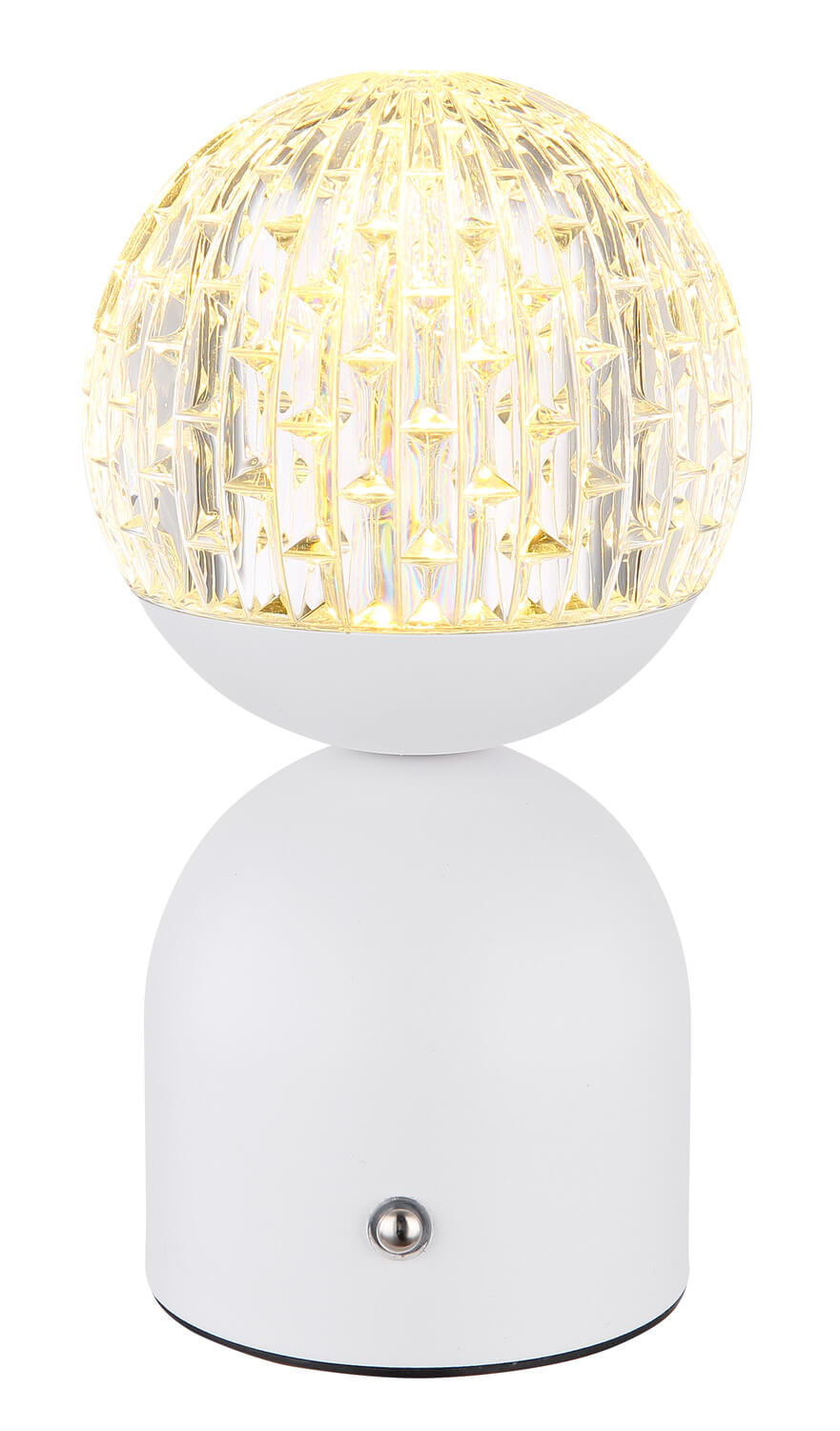 Lampe blanche allumée diffusant une lumière chaude à travers sa sphère texturée.