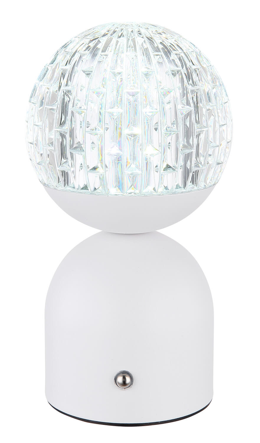 Produit éclairé sur fond blanc, montrant le motif géométrique du globe en verre.