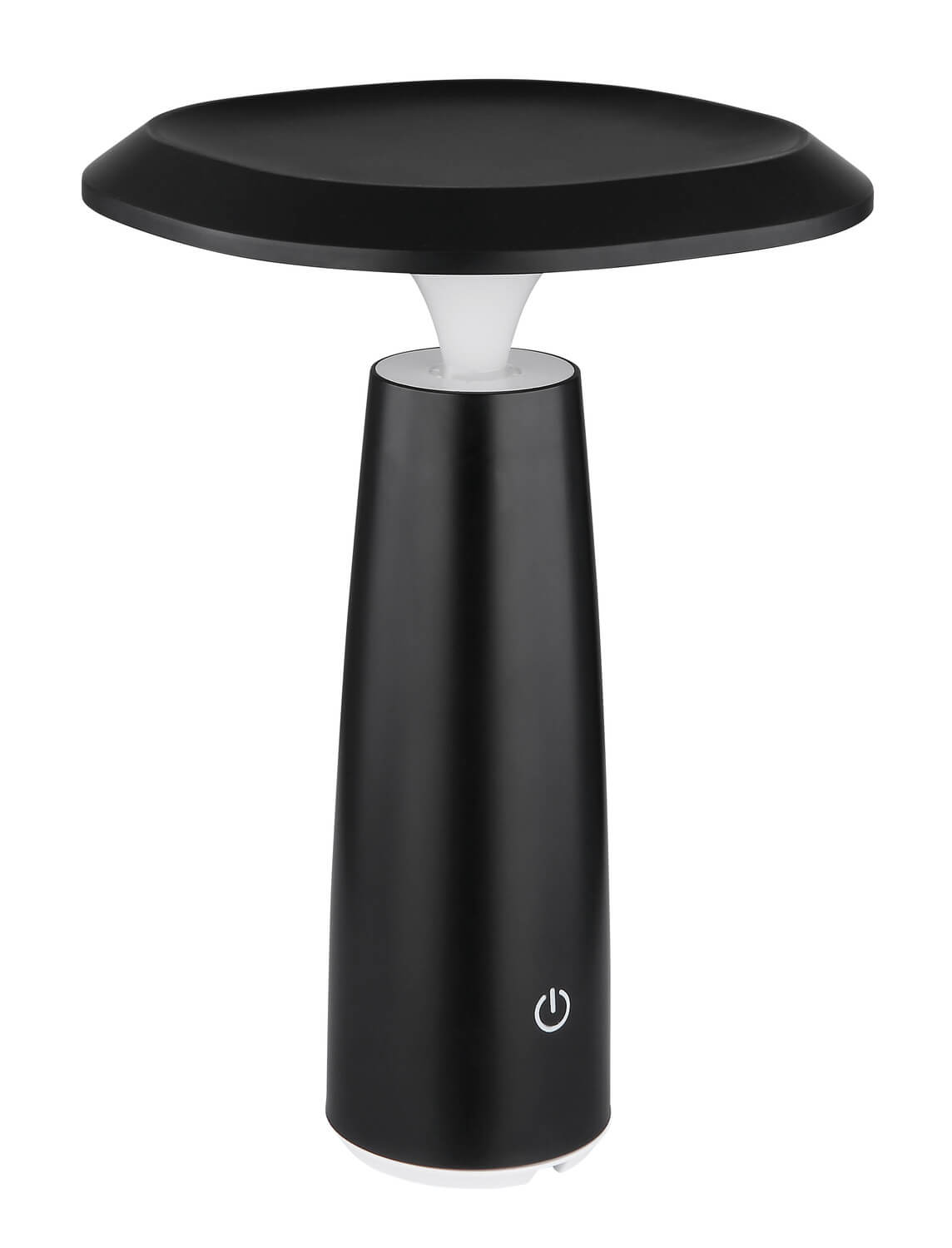 Lampe à poser noire mate, vue de face, diffuseur blanc non allumé.