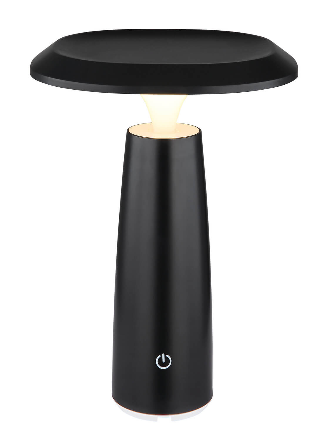 Lampe à poser noire mate allumée, vue de face sur fond blanc, lumière chaude.