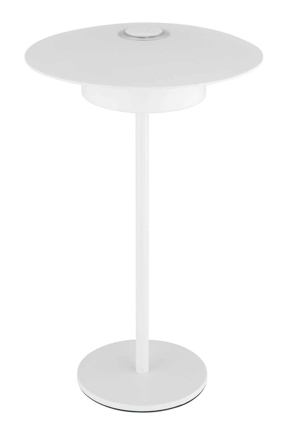 Vue de face sur fond blanc, disque supérieur blanc et pied élancé.