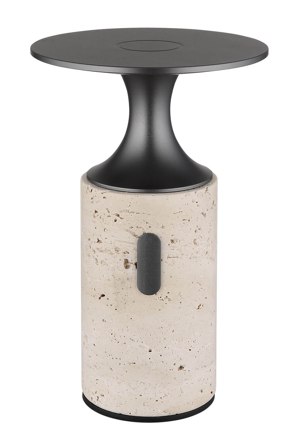 Produit de face éteint, socle clair et disque supérieur noir mat