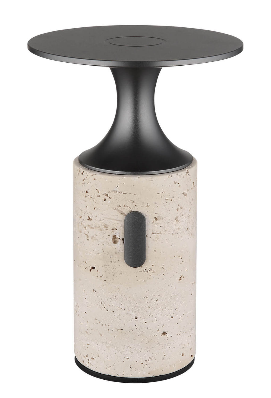 Produit de face éteint, socle clair et disque supérieur noir mat