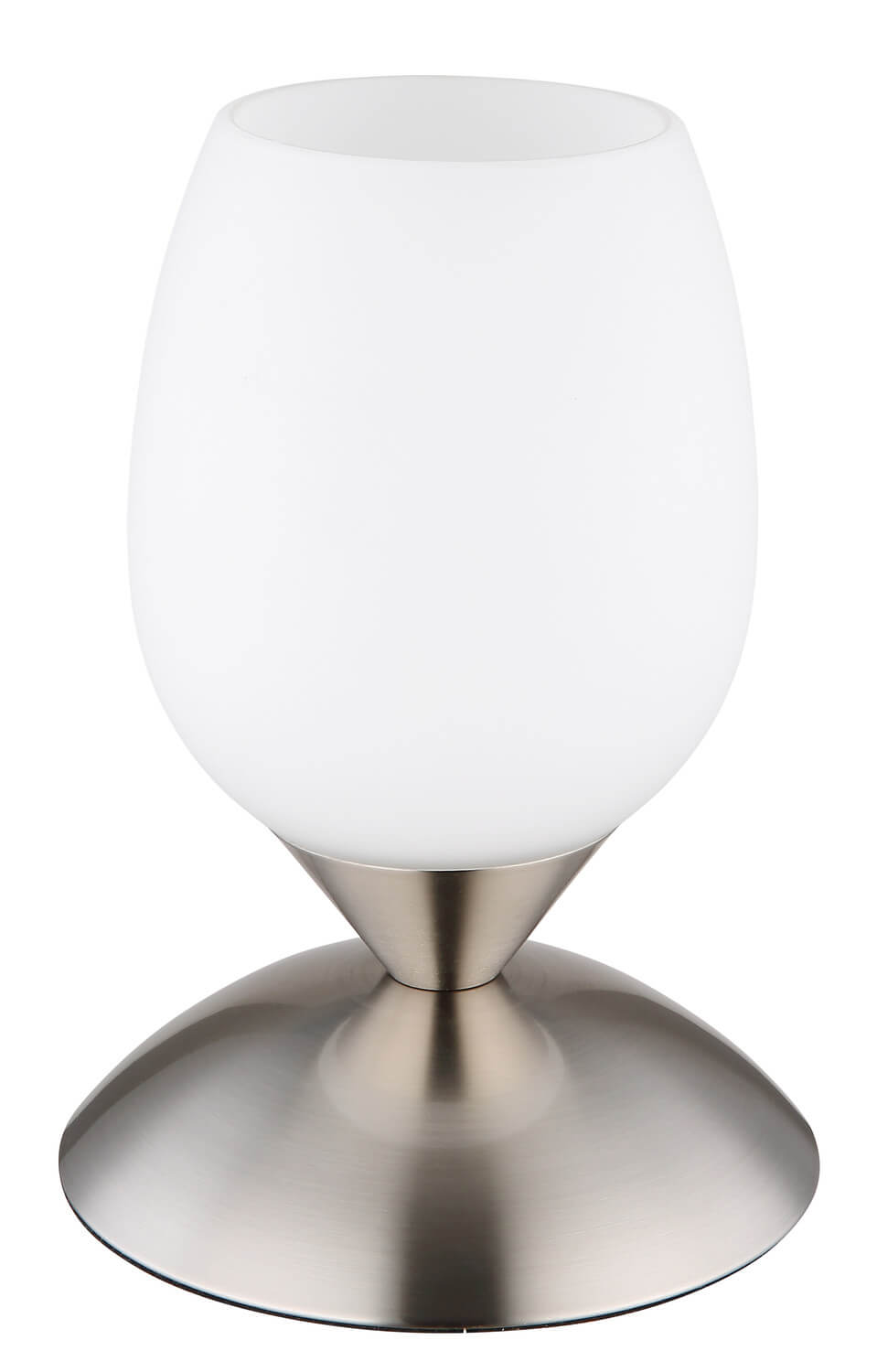 Produit non allumé sur fond blanc, abat-jour blanc et pied en nickel satiné.