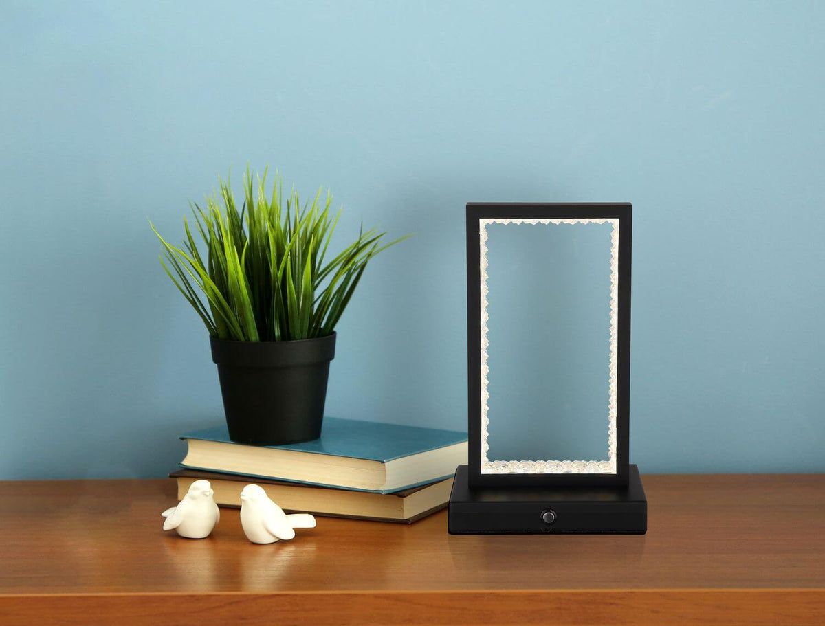 Mise en ambiance sur une table en bois, avec livres, plante et oiseaux décoratifs.