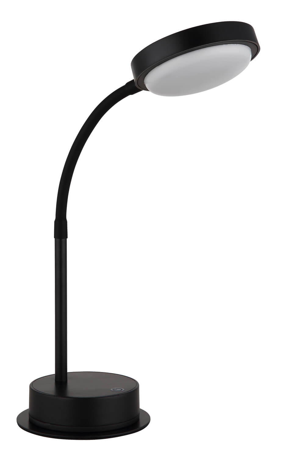 Vue de profil du luminaire éteint, diffuseur blanc et base ronde noire